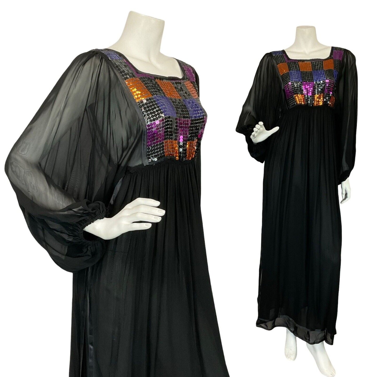 VTG 70S DISCO MESH BLACK PURPLE ORANGE SEQUIN BATWING FLOATY PARTY DRESS 6 8