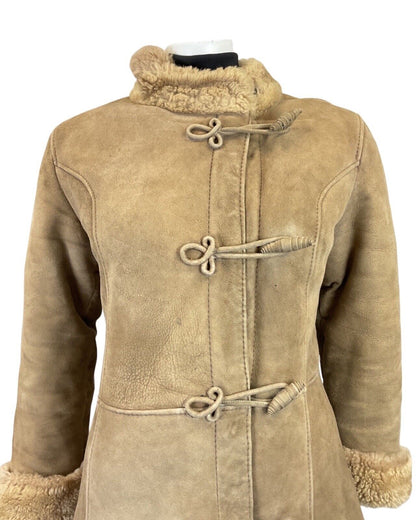 VINTAGE 60s 70s SAND BROWN SUEDE LEATHER TOGGLE BOHO LONG SHEARLING COAT 10 12