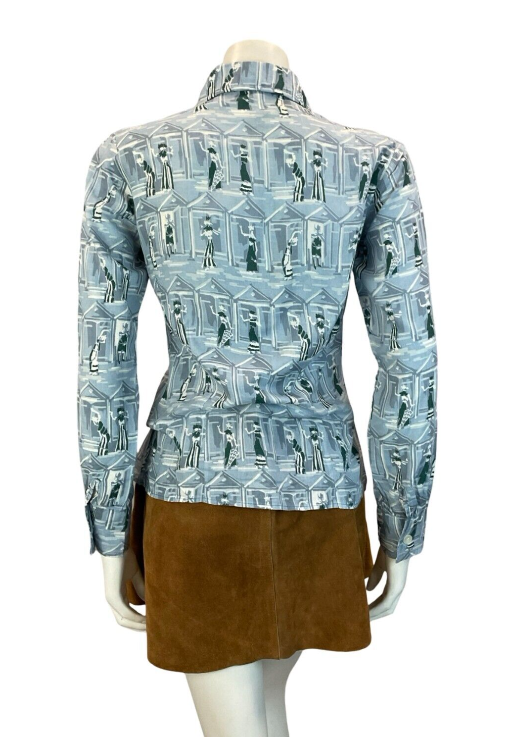 VTG EDWARDIAN PATTERN IMPRESSIONIST ABSTRACT DAGGER COLLAR BLUE SHIRT 10 12