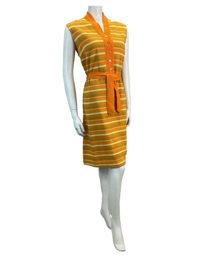 VTG 60S MOD GOGO SCOOTER STRIPED JACQUARD MINI DRESS ORANGE YELLOW 12 14 16