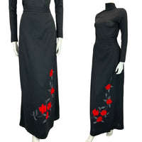 VTG 70S RED VELVET SILVER EMBROIDERY FLORAL APPLIQUE BLACK MAXI SKIRT SIZE 8