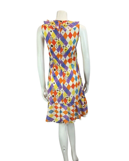 VINTAGE 60s 70s WHITE ORANGE RED YELLOW BLUE HARLEQUIN PRINT FRILLED DRESS 6