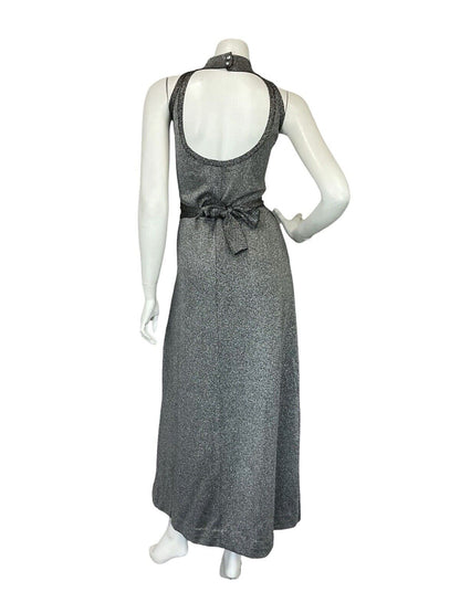 VTG 70S SILVER BLACK STRIPED LUREX DISCO BELTED HALTER NECK MAXI DRESS 10 12 14