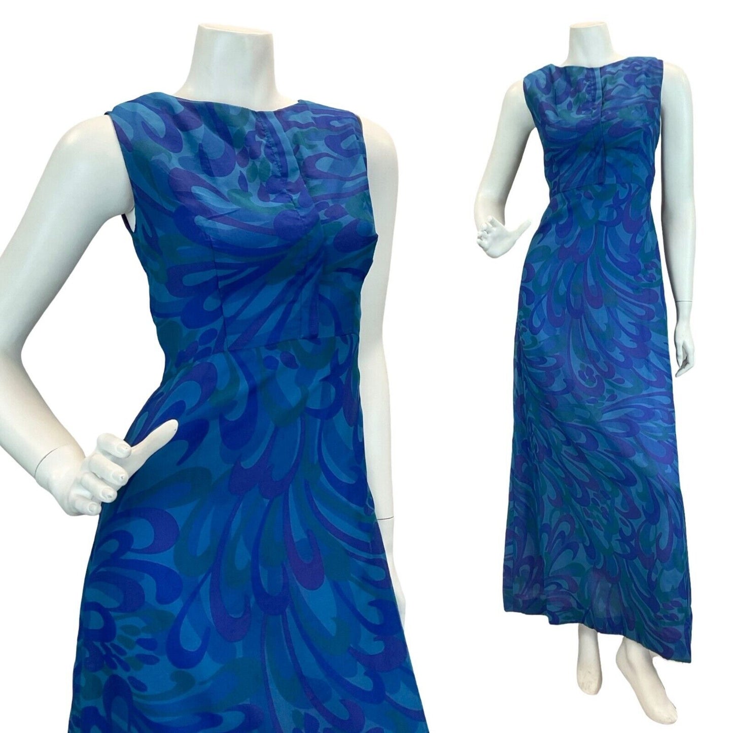 VTG 60S 70S COCKTAIL PARTY PSYCHEDELIC BLUE PURPLE GREEN MAXI DRESS 10 12