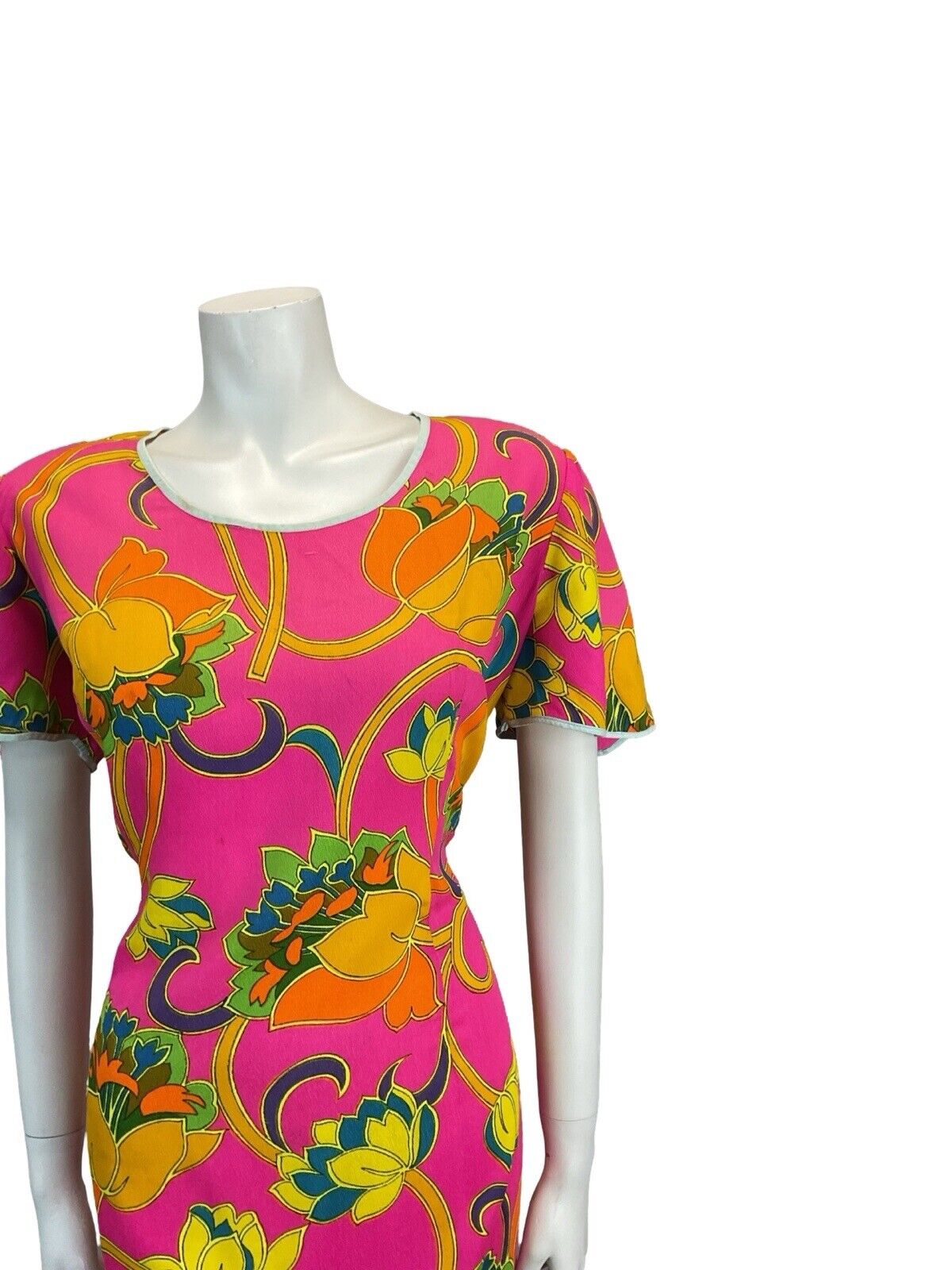 VTG 60S 70S VIVID PSYCHEDELIC FLORAL SHIFT MIDI DRESS 12 14 16 18 20