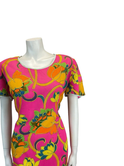 VTG 60S 70S VIVID PSYCHEDELIC FLORAL SHIFT MIDI DRESS 12 14 16 18 20