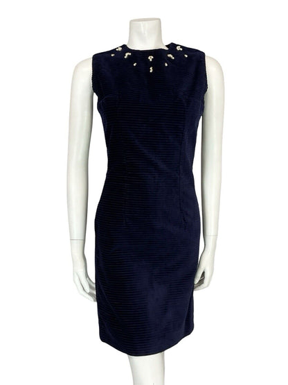 VTG 60S NAVY BLUE CORDUROY PEARL BEAD SLEEVELESS MINI PARTY FORMAL DRESS 8