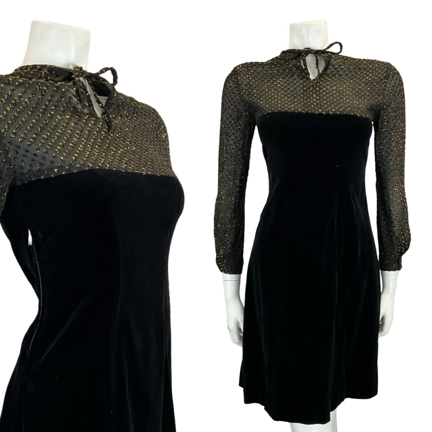 VTG 60S 70S BLACK VELVET MESH GOLD POLKA DOT EVENING PARTY KEYHOLE MINI DRESS 8