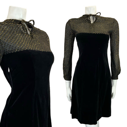 VTG 60S 70S BLACK VELVET MESH GOLD POLKA DOT EVENING PARTY KEYHOLE MINI DRESS 8