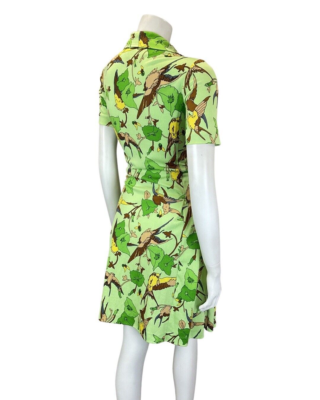 VINTAGE 60s 90s GREEN BROWN YELLOW FLORAL BIRD PARROT MOD SHIRT DRESS 10