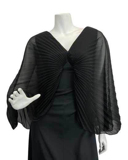 VINTAGE 60s 70s BLACK PLEATED CAPE SLEEVE EVENING ELEGANT GOWN MAXI DRESS 10 12