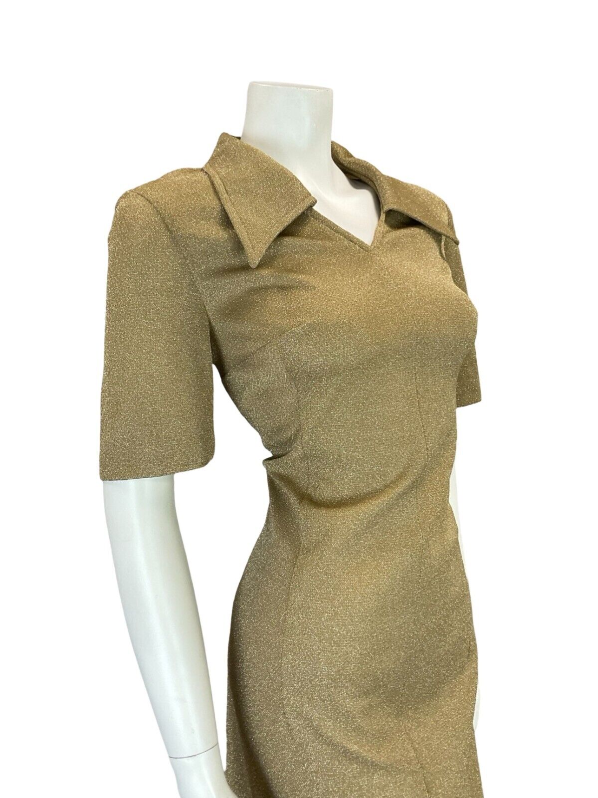 VTG 70S OPEN WING COLLAR GOLD LUREX PARTY SHORT SLEEVED SHIRT DRESS SIZE 12 14