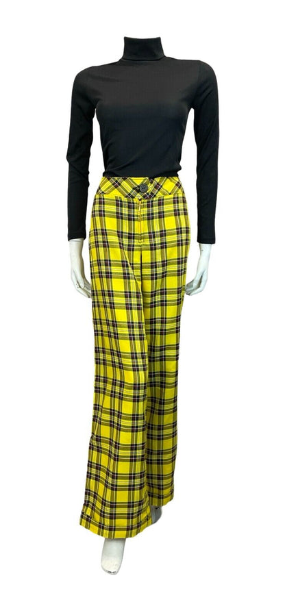 VTG 70S YELLOW BLACK RED TARTAN PUNK STRAIGHT LEG TROUSERS SIZE 12 14