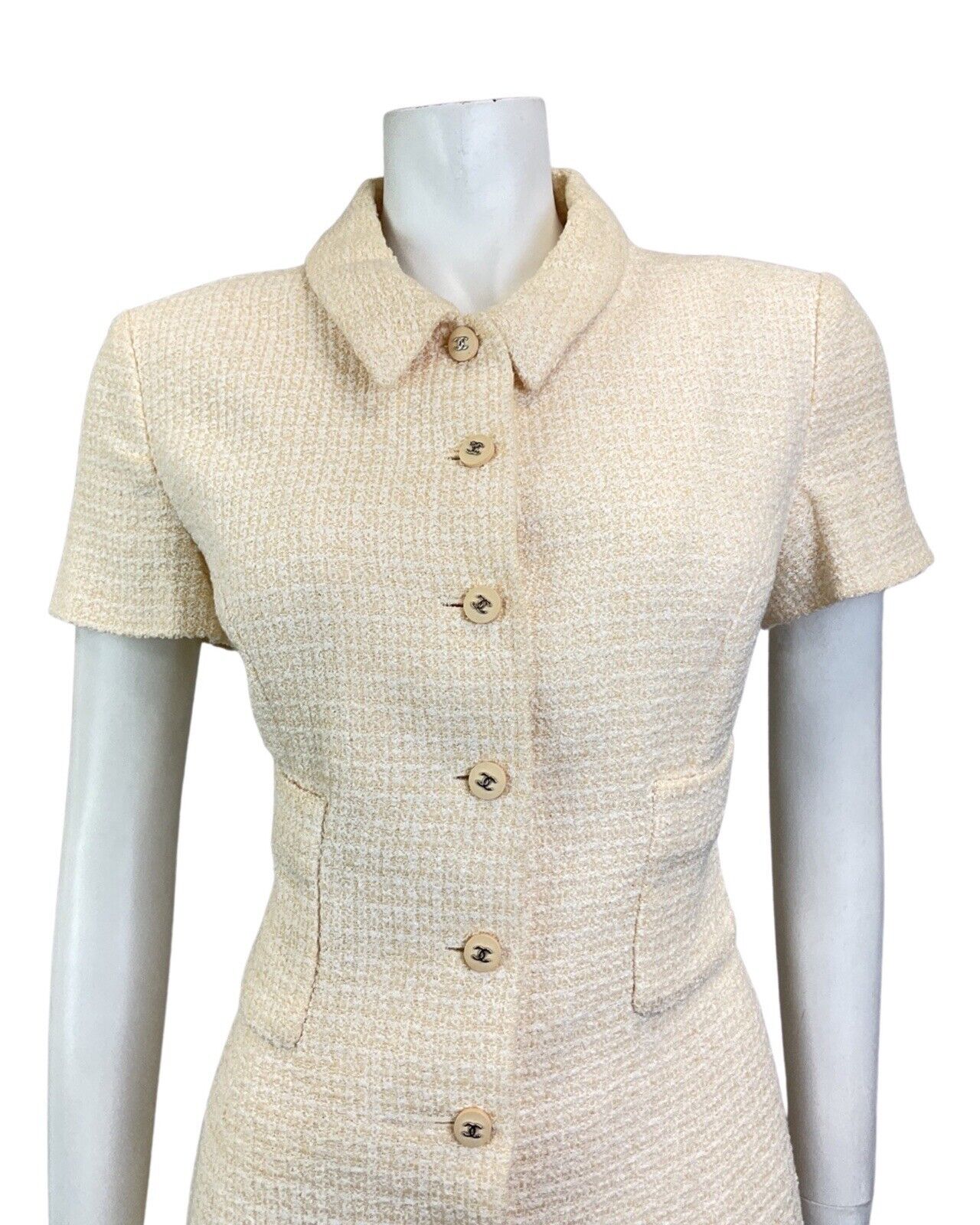 VINTAGE 90s YELLOW WHITE BOUCLE WOOL CHANEL BOUTIQUE SHIRT DESIGNER DRESS 10 12