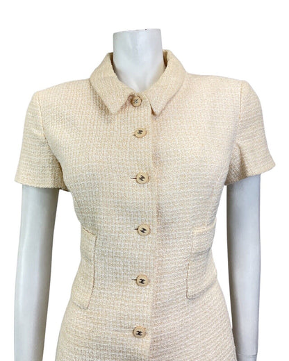 VINTAGE 90s YELLOW WHITE BOUCLE WOOL CHANEL BOUTIQUE SHIRT DESIGNER DRESS 10 12