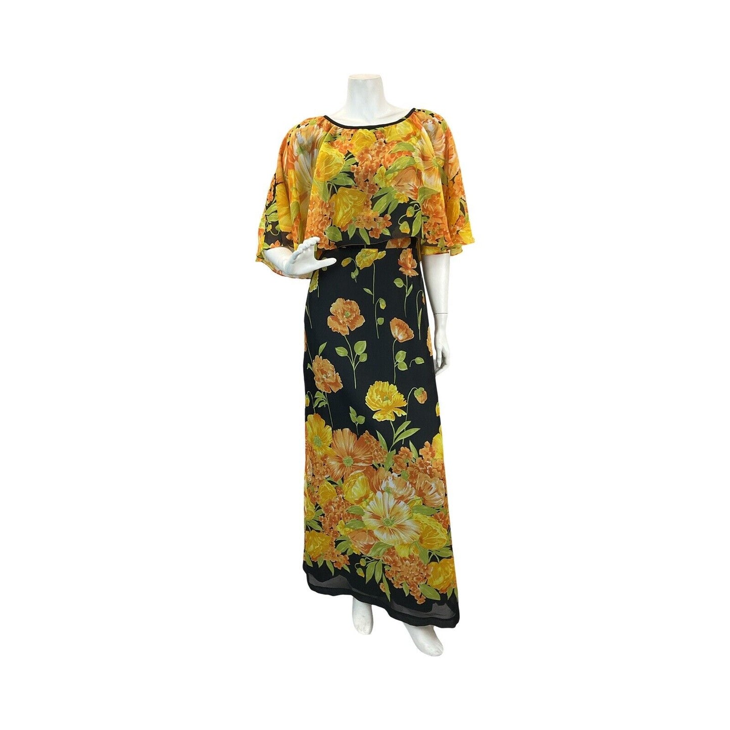 VTG 60s 70s CAPE SLEEVE ORANGE YELLOW GREEN BLACK FLORAL MAXI DRESS 10 12