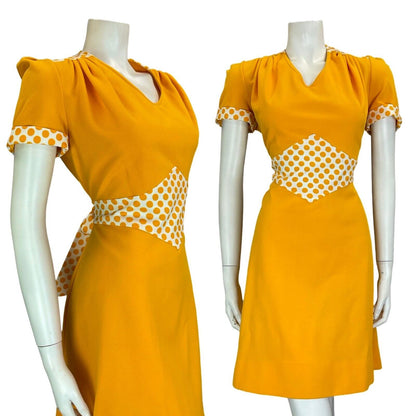 VTG 60S MINI MOD YELLOW WHITE POLKA DOT TIE WAIST SHORT SLEEVE MINI DRESS 12 14