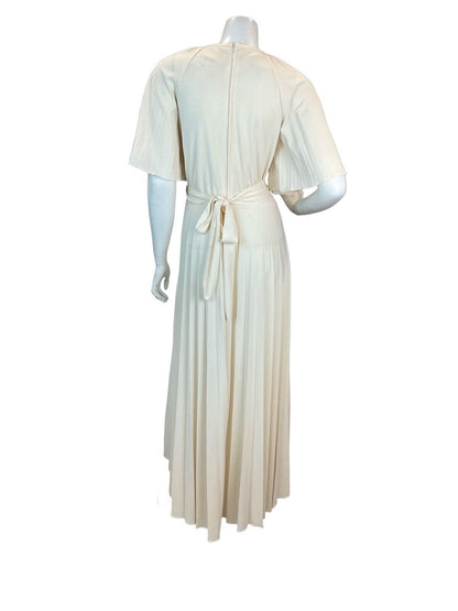 VTG 70s CREAM BOHO WEDDING BRIDAL ANGEL SLEEVE PLEATED MAXI DRESS 14 16