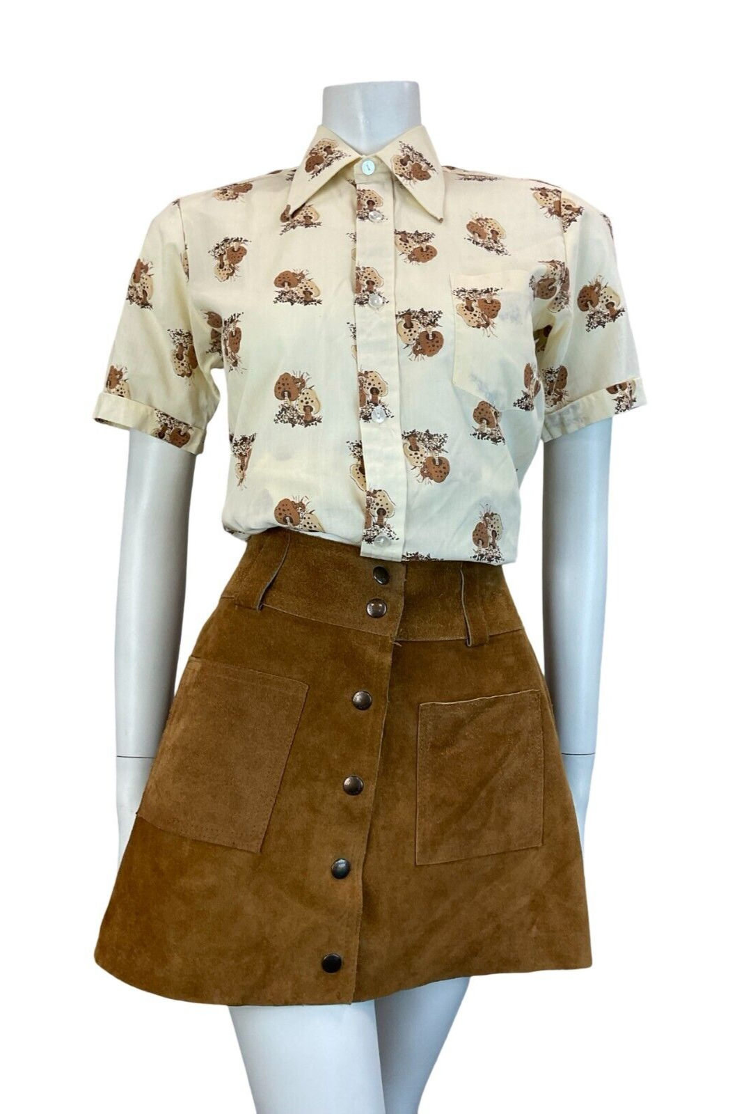 VTG CREAM BROWN WOODLAND MUSHROOM SHORT SLEEVE DAGGER COLLAR SHIRT 10