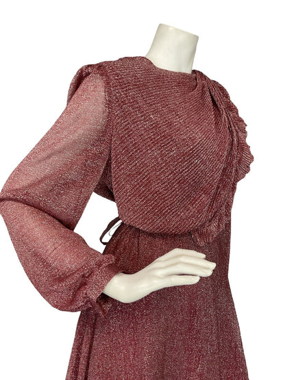 VTG 70S BURGUNDY LUREX LONG SLEEVE BLOUSON TIE WAIST PARTY DRESS 10 12