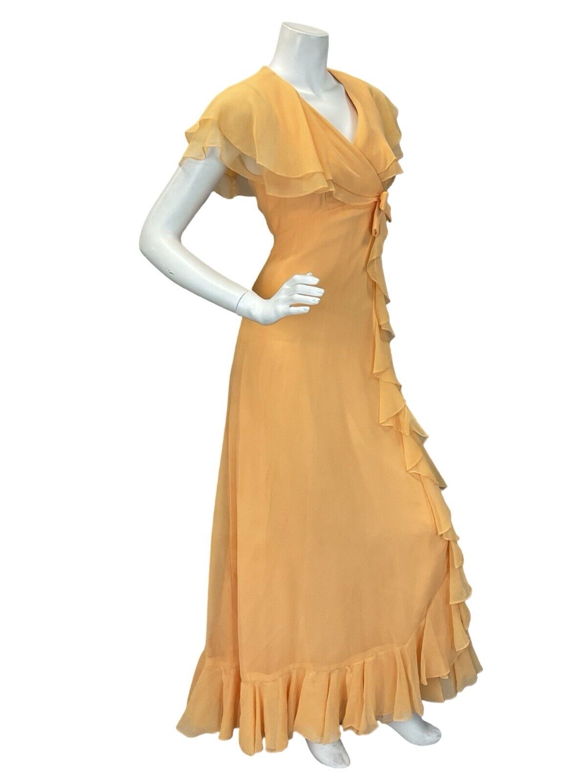 VTG 70S APRICOT CHIFFON ORANGE RUFFLE PROM PARTY CAPE MAXI DRESS 6 8