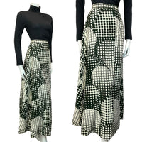 VTG 60S 70S BLACK GREEN WHITE GEOMETRIC SPOTTY ABSTRACT PRINT MAXI SKIRT SIZE 12