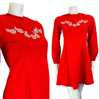 VTG 60S RED WHITE MOD GOGO FLOWER EMBROIDERED WESTERN LONG SLEEVE MINI DRESS 6