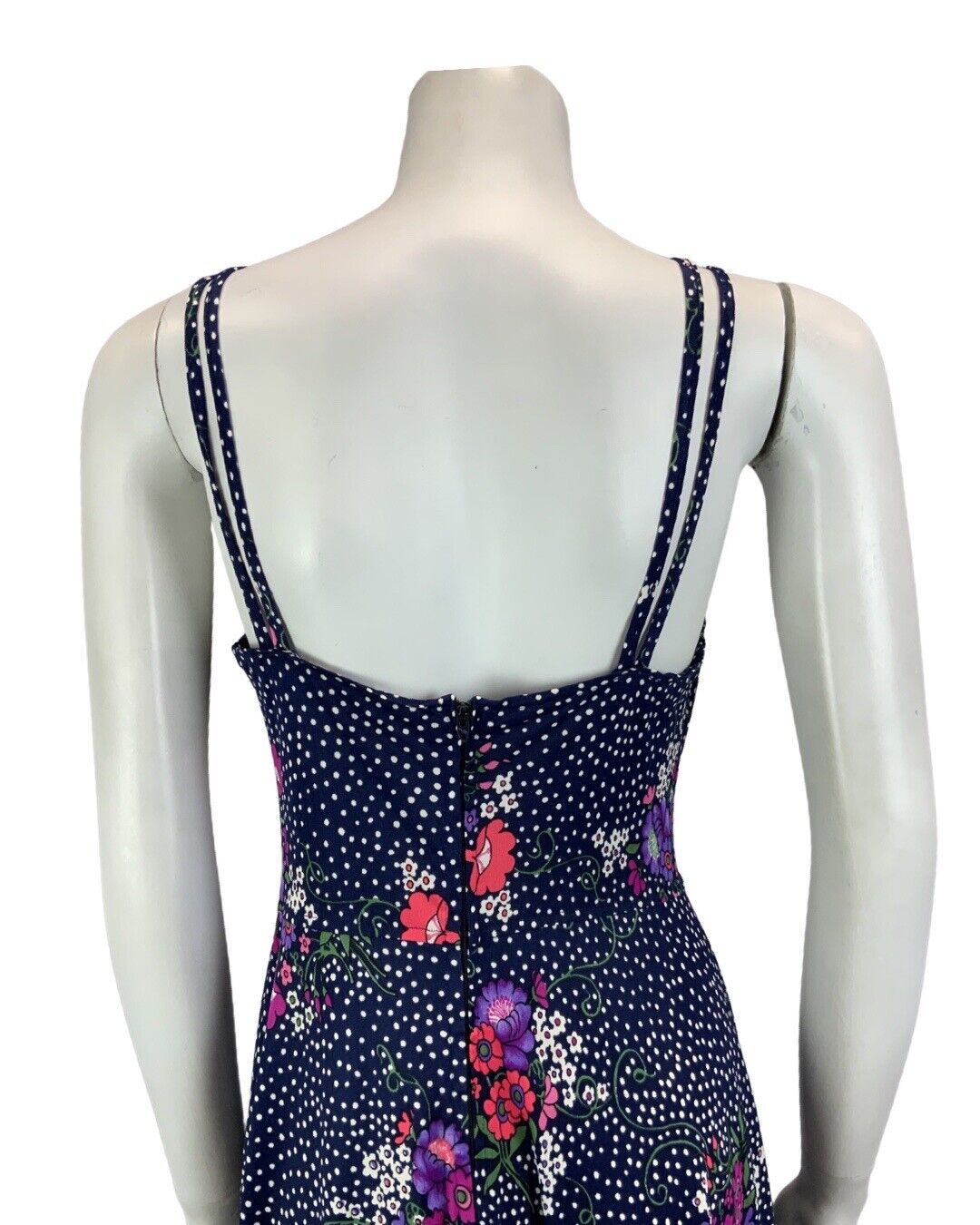 VINTAGE 60s 70s NAVY BLUE WHITE POLKA DOT FLORAL PRINT STRAPPY MAXI DRESS 10