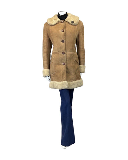 VINTAGE 60s 70s SAND BROWN CREAM SUEDE LEATHER BOHO MOD SHEARLING COAT 14 16