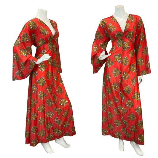 MAXI VTG 60s 70s BELL SLEEVE V-NECK RED GREEN BROWN BOHO MAXI DRESS 10 12