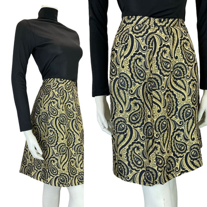 VTG 60S MOD BOHO GOLD BLACK METALLIC PAISLEY PARTY EVENING MINI SKIRT 10