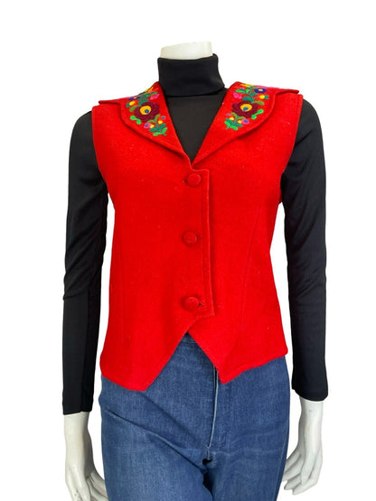 VTG 60S 70S RED GREEN EMBROIDERED FLORAL LAPEL WOOL FELT GILET WAISTCOAT SIZE 12