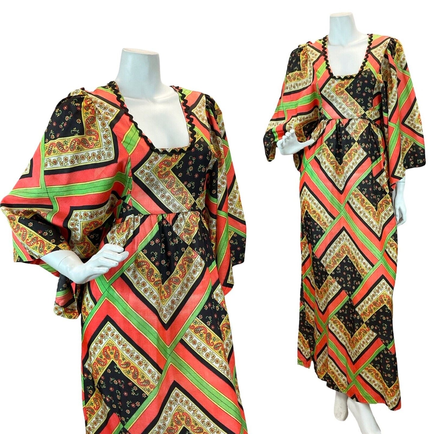 VTG 60S 70S PSYCHEDELIC PAISLEY KAFTAN MAXI DRESS RED GREEN BLACK YELLOW 10-12