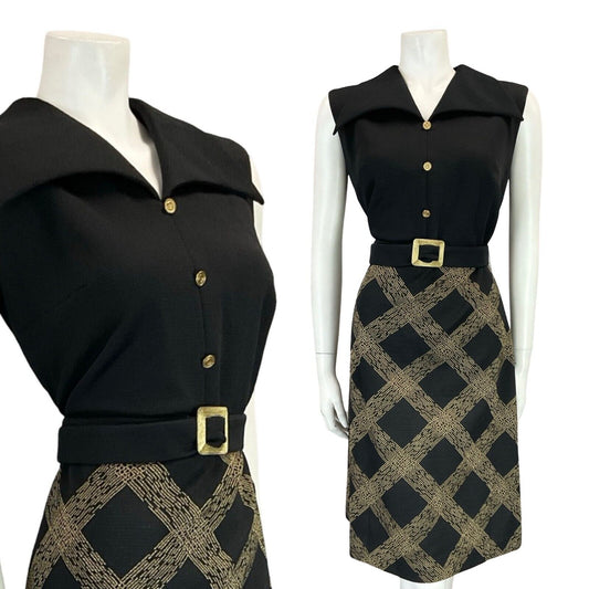 VTG 60S 70S BLACK GOLD CHECKED BELTED WING COLLAR SLEEVELESS SHRT DRESS 14 16