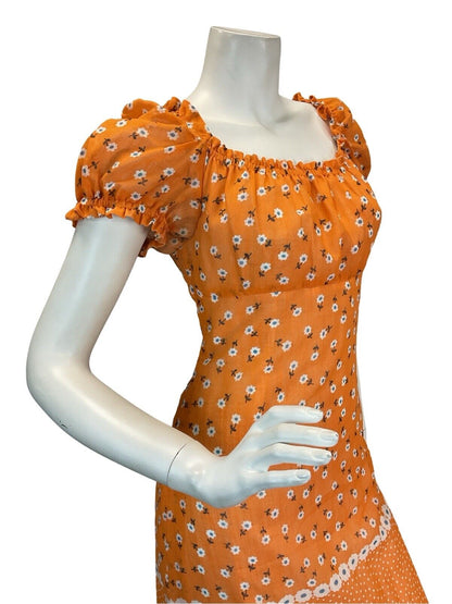 VTG 60s 70s ORANGE DAISY PSYCH RETRO FLORAL PRINT PUFF SLEEVE MAXI DRESS 8 10