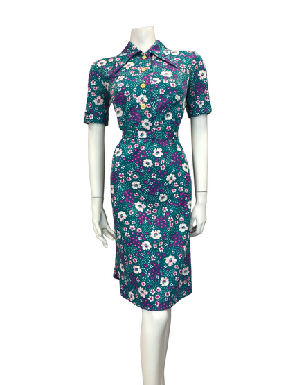 VTG 60S 70S BLUE PINK PURPLE FLORAL DAGGER COLLAR SHIRT DRESS BELT SIZE 10