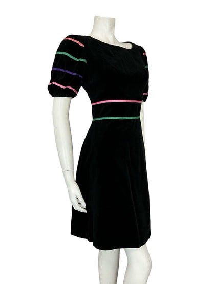 VTG 60S BLACK VELVET PUFF SEEVE PINK GREEN PURPLE RIBBON MINI PARTY DRESS 10