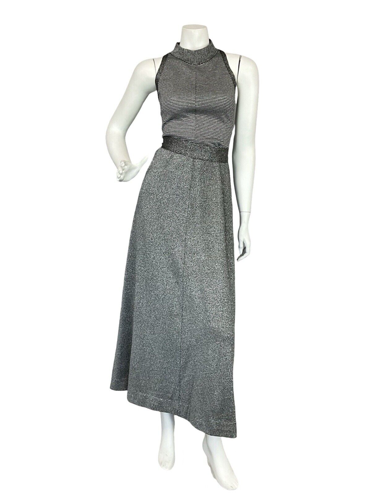 VTG 70S SILVER BLACK STRIPED LUREX DISCO BELTED HALTER NECK MAXI DRESS 10 12 14