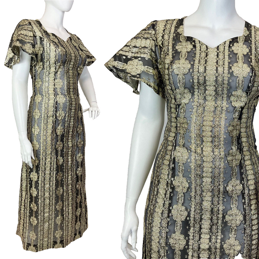 VTG 60s 70s GOLD BLACK LUREX STRIPED FLORAL BELL SLEEVE GLAM MAXI DRESS 20 22