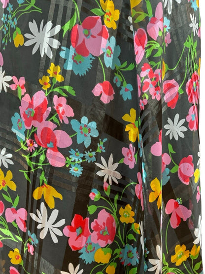 VTG 70S FLORAL DAISY BLACK PINK YELLOW BLUE FLUTTER SLEEVE BELTED MAXI DRESS 12