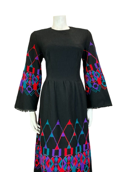 VTG 70S EMBROIDERED WOOL FLARE SLEEVE BLACK PURPLE TEAL RED MIDI DRESS 8 10 S