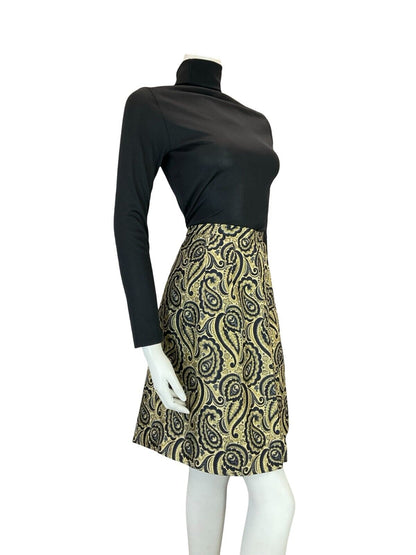 VTG 60S MOD BOHO GOLD BLACK METALLIC PAISLEY PARTY EVENING MINI SKIRT 10