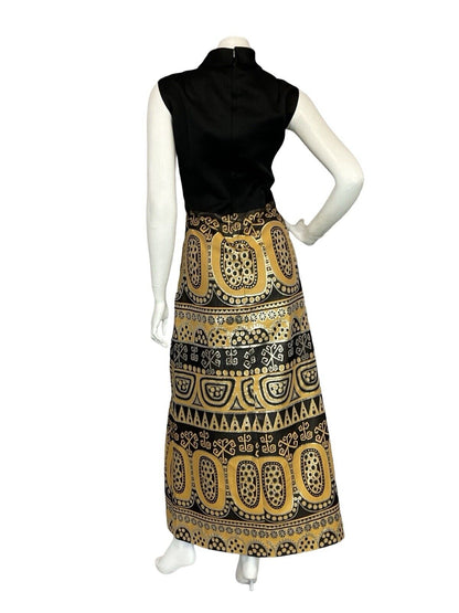 VTG 60S 70S AZTEC HIPPY BLACK GOLD YELLOW METALLIC SLEEVELESS MAXI DRESS 14