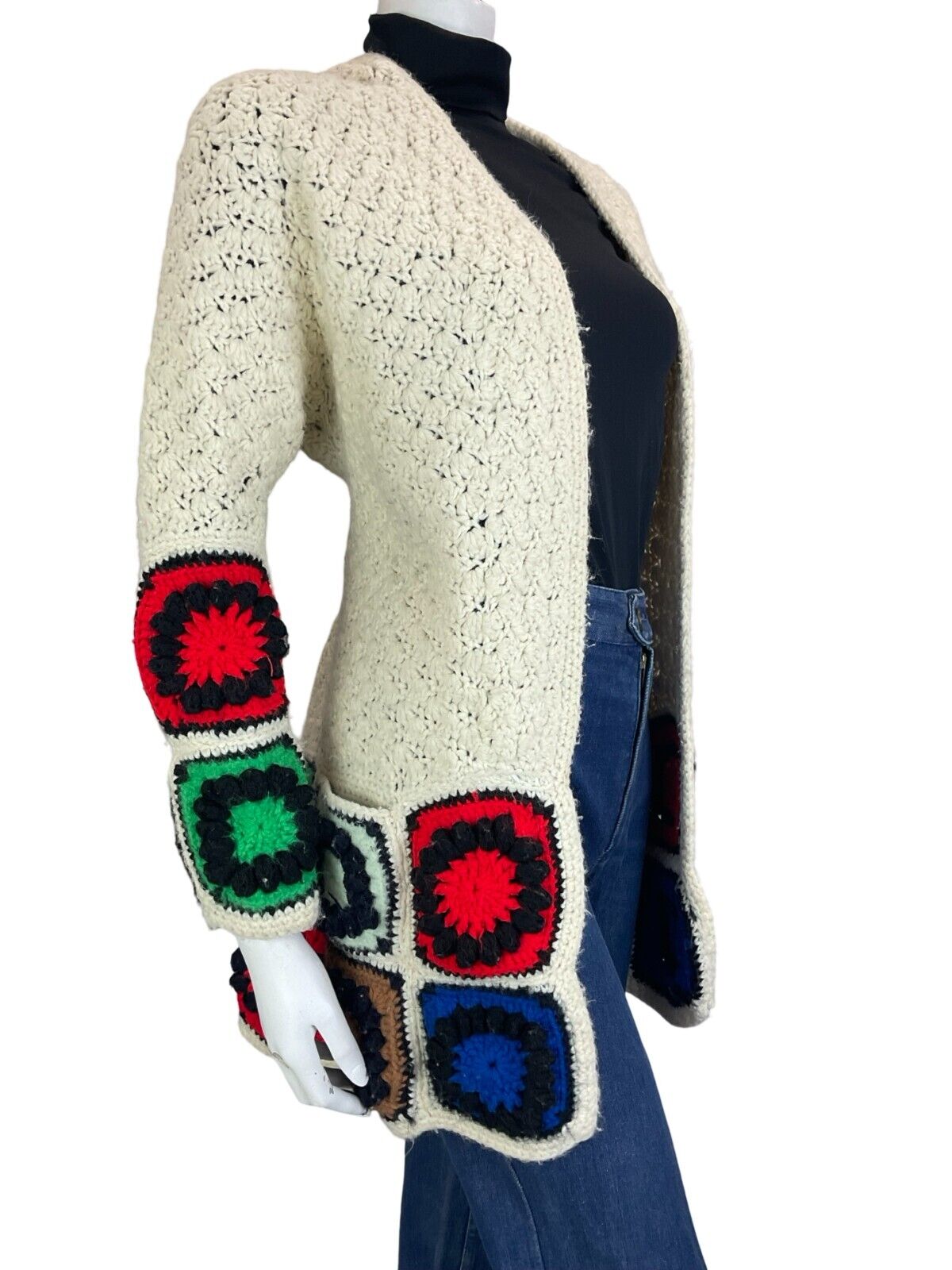 VTG 70S HAND KNIT CROCHET PATCHWORK RED BLUE CREAM NORDIC SCANDI CARDIGAN 10 12