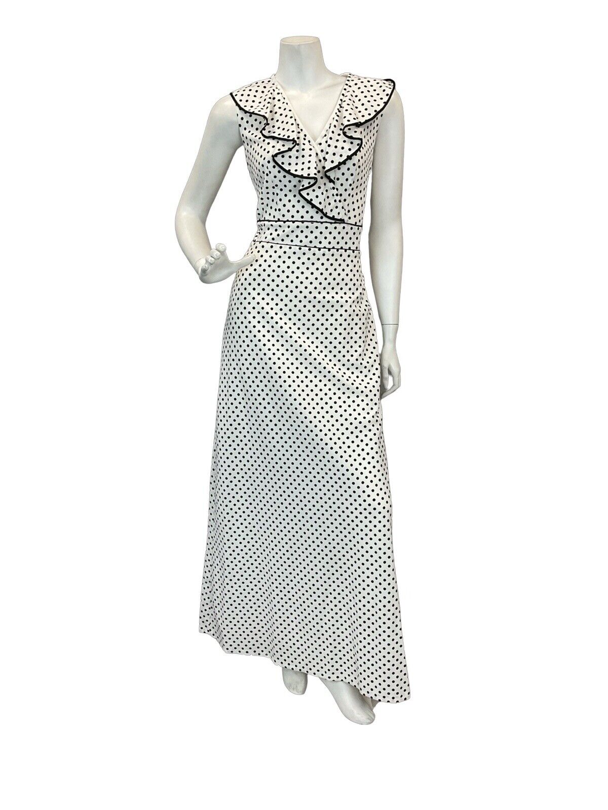 VTG 60s 70s WHITE BLACK POLKA DOT RUFFLE V-NECK MAXI DRESS 10