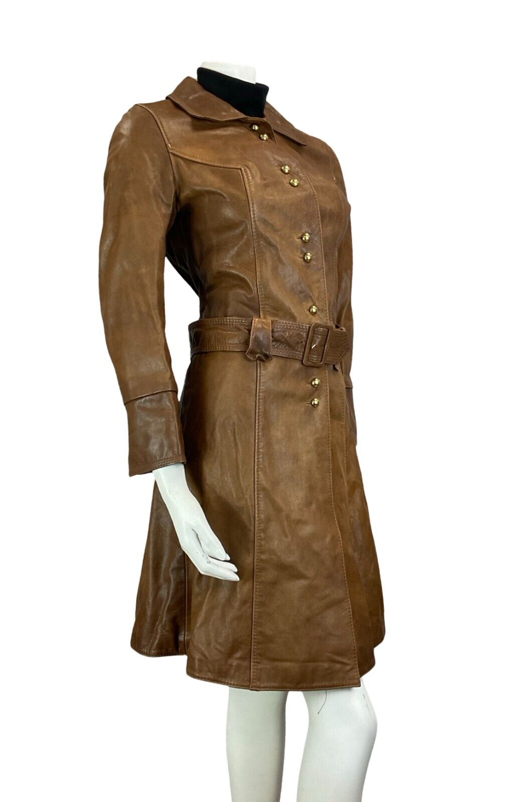 VTG 60S MILITARY TRENCH STYLE BELTED BROWN LEATHER JACKET SIZE 10