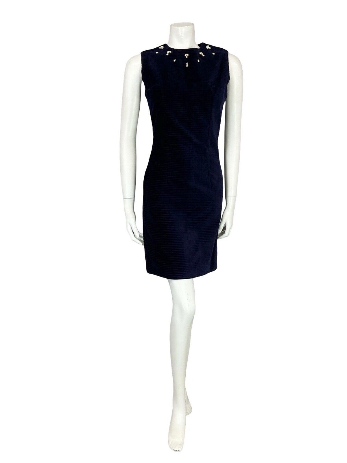 VTG 60S NAVY BLUE CORDUROY PEARL BEAD SLEEVELESS MINI PARTY FORMAL DRESS 8