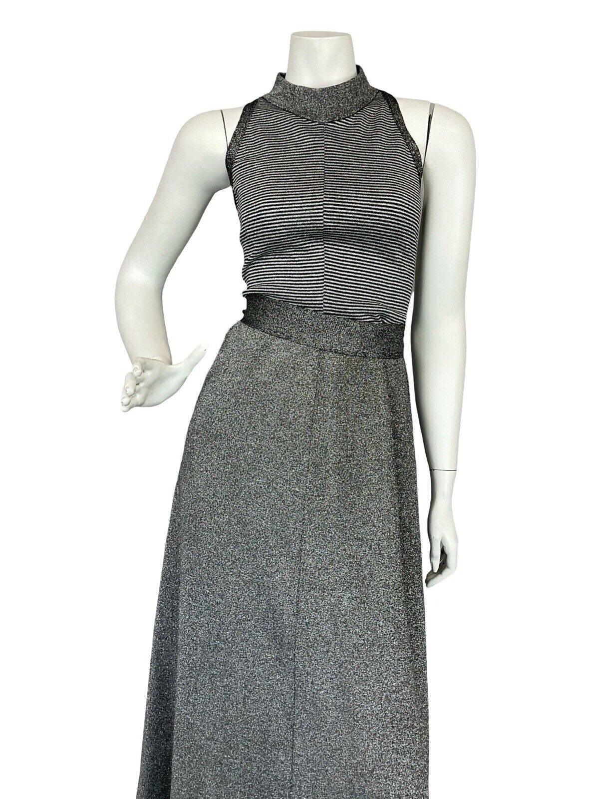 VTG 70S SILVER BLACK STRIPED LUREX DISCO BELTED HALTER NECK MAXI DRESS 10 12 14