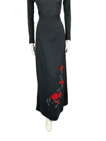 VTG 70S RED VELVET SILVER EMBROIDERY FLORAL APPLIQUE BLACK MAXI SKIRT SIZE 8