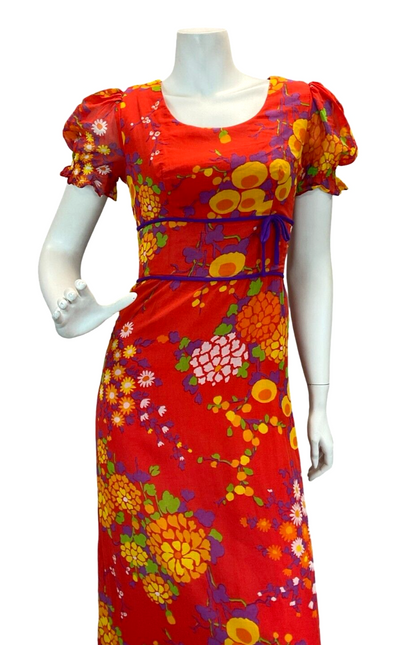 VTG 70S PSYCHEDELIC FLORAL DAISY EMPIRE MAXI DRESS RED ORANGE YELLOW PURPLE 8